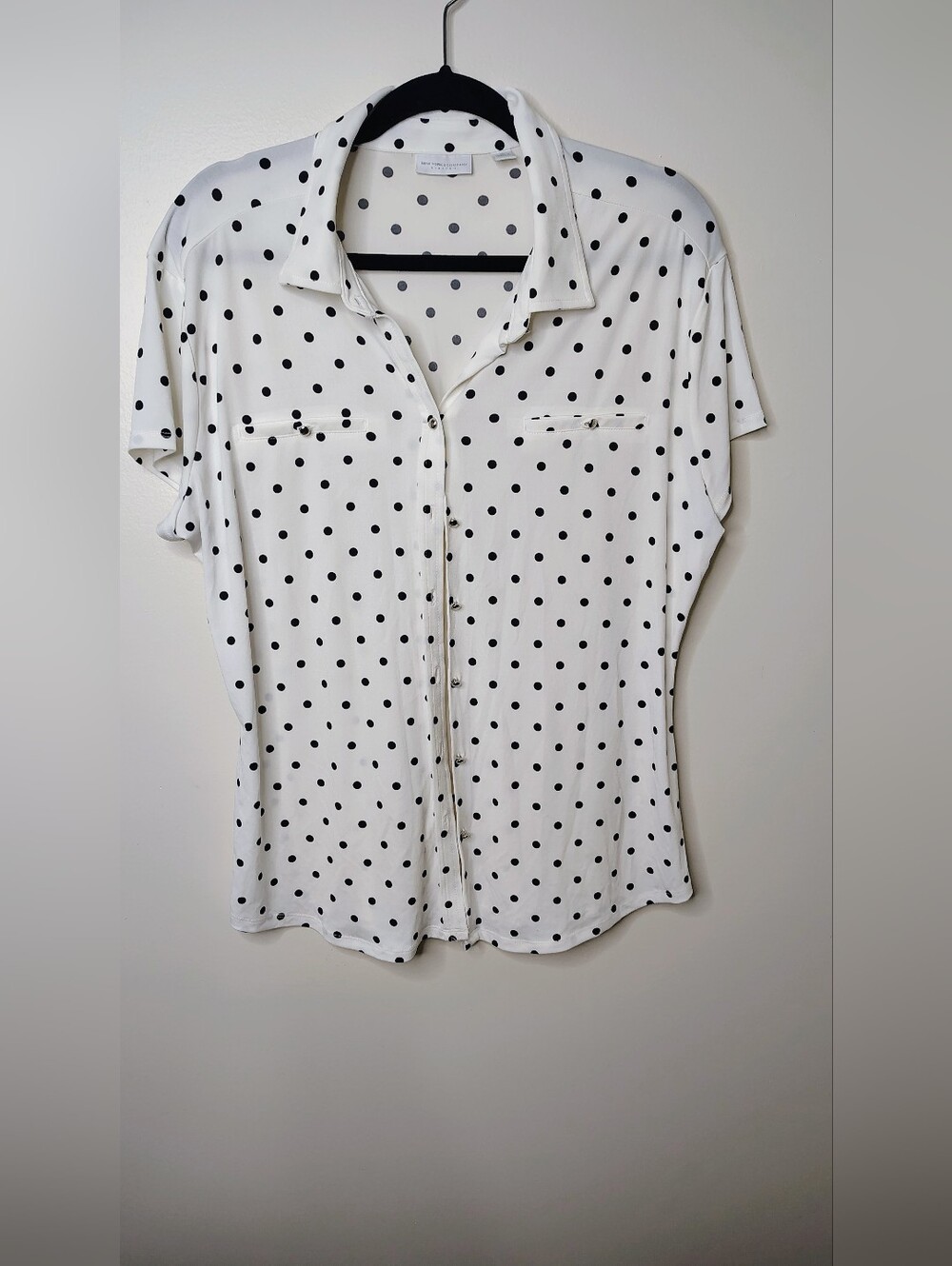 New York & Company White Short-Sleeve Button-Down‎ with Black Polka Dots